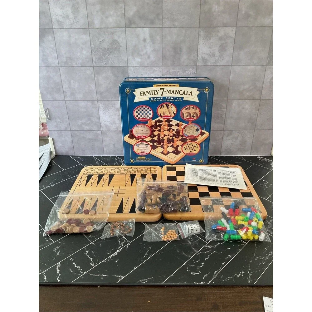 Family 7+ Mancala Game Center 8 Classic Board Games Solid Wood in Tin EUC